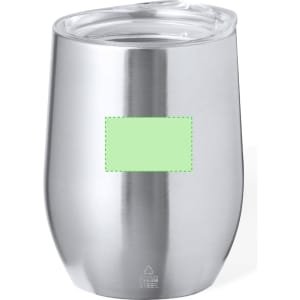 An insulated travel mug in stainless steel with a clear lid and a blank area for branding or customisation.