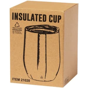 An insulated cup in a brown cardboard box, featuring a sketch of the stainless steel product.