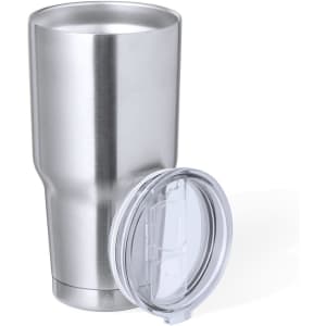 A stainless steel insulated travel mug with a transparent lid, featuring a sleek design.