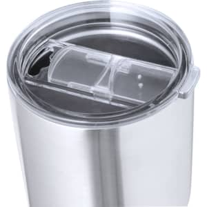 An insulated travel mug with a stainless steel body and a clear plastic lid featuring a slide opening.