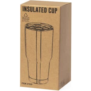 A drink bottle is packaged in a cardboard box, featuring a tall insulated cup design in stainless steel.