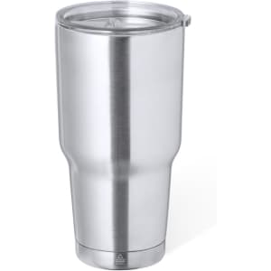 A drink bottle with a sleek silver stainless steel design and a transparent lid, featuring a logo.