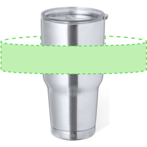A stainless steel insulated travel mug with a clear lid, featuring a sleek design and a logo.