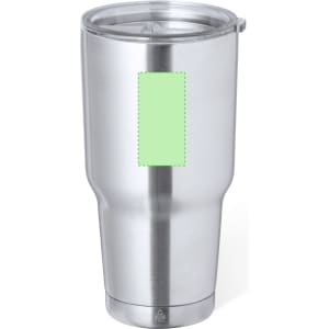 A stainless steel insulated travel mug with a clear lid and a branding area outlined in green.