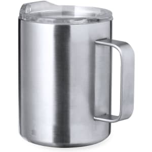 A stainless steel insulated mug with a clear lid and a sturdy handle. Features a simple, sleek design.