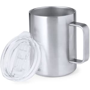 A stainless steel insulated mug with a clear lid and a sturdy handle, featuring a minimalist design.