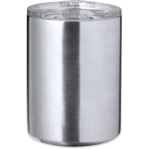 A drink bottle in shiny silver with a clear plastic lid, featuring a branding logo.