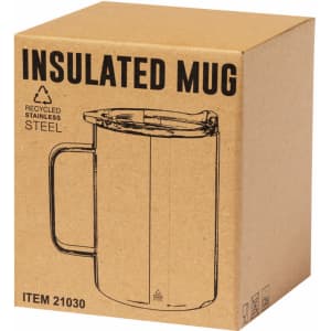 A drink mug with a handle, made from stainless steel, displayed in a simple cardboard box with a logo.