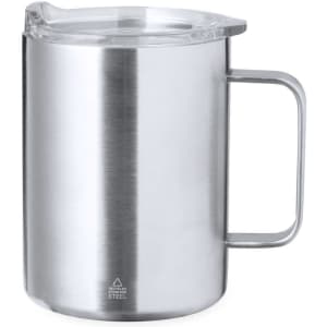 A stainless steel insulated mug with a clear lid and handle, featuring a sleek, modern design.