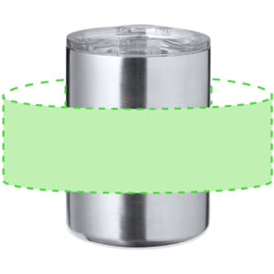 An insulated travel mug in stainless steel with a transparent lid and a logo.