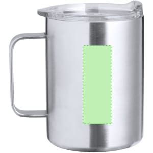 A stainless steel insulated mug with a clear lid and a handle, featuring a blank green space for custom branding.