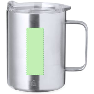 A stainless steel insulated mug with a clear lid and a handle, featuring a blank portion for customisation.