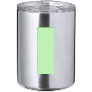 A stainless steel insulated mug with a transparent lid and a light green area for customization.