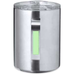 A stainless steel insulated mug with a transparent lid and a green section on the handle. It features a logo.