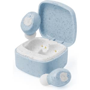 A pair of blue Oriley earphones in a speckled charging case, showcasing a compact design with white accents.