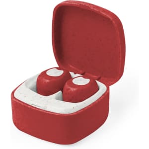 Red earphones inside a red and white charging case, featuring a simple design. The case has a logo on the front.