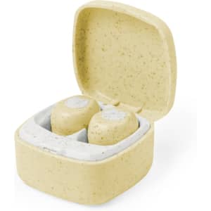 A pair of yellow earphones housed in a small, biodegradable case. The case is open, revealing the earbuds inside.