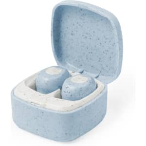 A pair of blue earphones in a speckled case, featuring a compact design for storage.