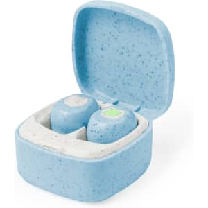 A light blue charging case with two earbuds inside, featuring a speckled design and a logo.