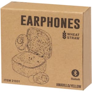 A box of earphones made from wheat straw, featuring a yellow and brown design with a Bluetooth logo.