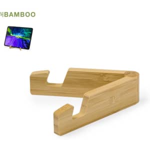 A bamboo phone stand in a minimalist design, featuring two slots for device support.