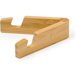 A bamboo phone holder with a sleek design, featuring a natural wood finish and smooth edges.