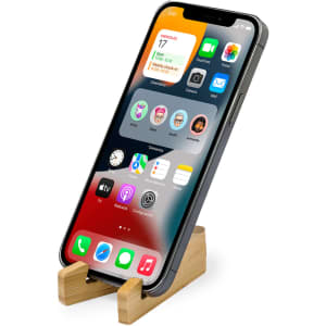 A bamboo phone stand displaying a smartphone in a sleek design, featuring a logo on the base.