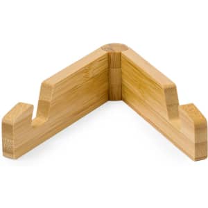 A bamboo phone stand with a triangular design, featuring smooth edges and a natural finish.