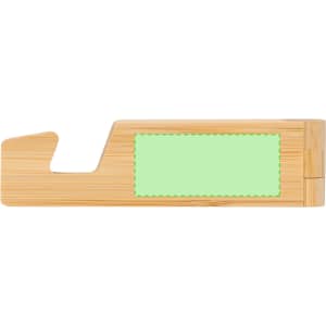 A bamboo phone stand in a natural finish, featuring a green accent area and a simple, functional design.