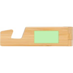 A bamboo phone stand in natural wood tone with a green section for branding, featuring a simple, minimalist design.