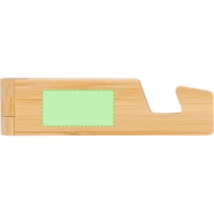 A bamboo phone stand featuring a light green area, with a cut-out for holding a device. Includes a logo.