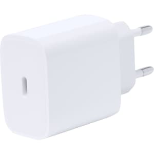 A white USB car charger with a rounded design, featuring a single USB port and two prongs for connection.