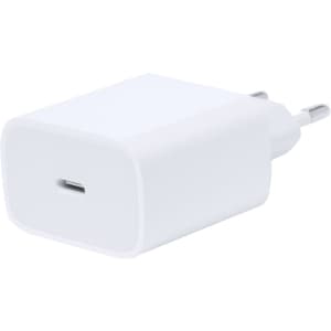 A white USB charger with a rectangular design and a single USB-C port, featuring a logo.
