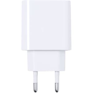 A white USB charger with two prongs, featuring a simple and compact design. It has a branding logo on the side.