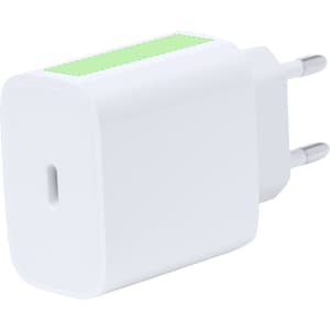 A white USB charger with a green accent and a single USB port. The charger has a compact design and two prongs.