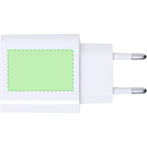 A white USB charger with two prongs and a blank section for branding.