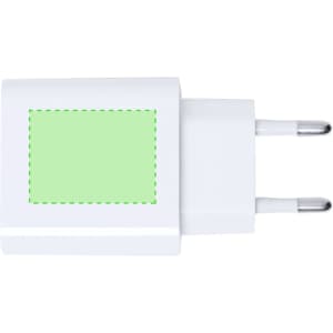 A white USB charger with two prongs and a blank green area, featuring a minimalistic design.