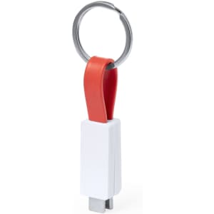 A charging cable with a keyring attachment, featuring a red and white design.