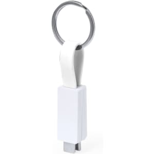 A white charging cable keyring with a metal ring. The cable has connectors at both ends.