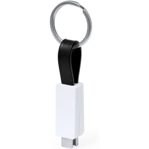 A white and black charging cable with a keyring attachment. Compact and portable design for easy carrying.