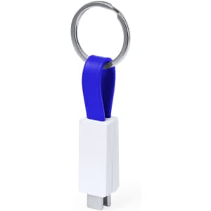 A blue and white charging cable keychain with a metal ring for attachment.