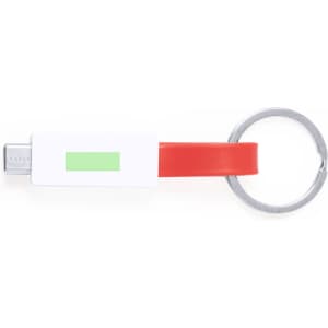 A red and white charging cable with a keyring attachment, featuring a silver keyring.