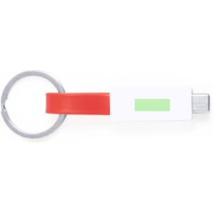 A red charging cable with a keyring attachment and a white connector, featuring a green label.