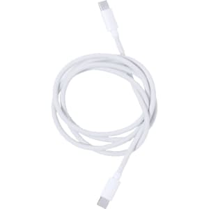 A white charging cable with USB-C connectors on both ends, featuring a textured design and a logo.