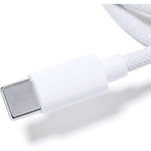 A charging cable with a white braided exterior and a silver connector. It features a logo on the connector.