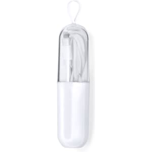 A white charging cable neatly stored in a transparent case, featuring a loop for easy attachment.