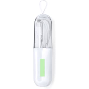 A white charging cable neatly packed in a transparent case, featuring a green accent and a loop for attachment.