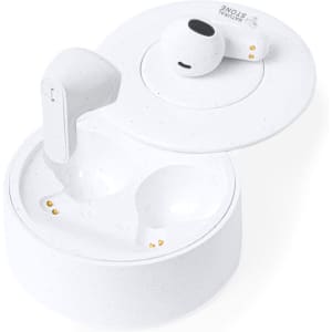 A pair of white earbuds in a charging case with a lid open, featuring a logo on the case.