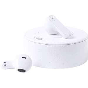 White Bekery Earphones resting beside a white circular case. The earbuds feature a speckled design and have a logo.
