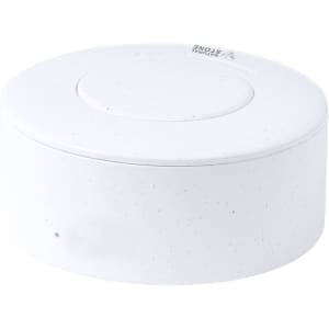 A round, white storage container with a smooth surface and an included logo on top.